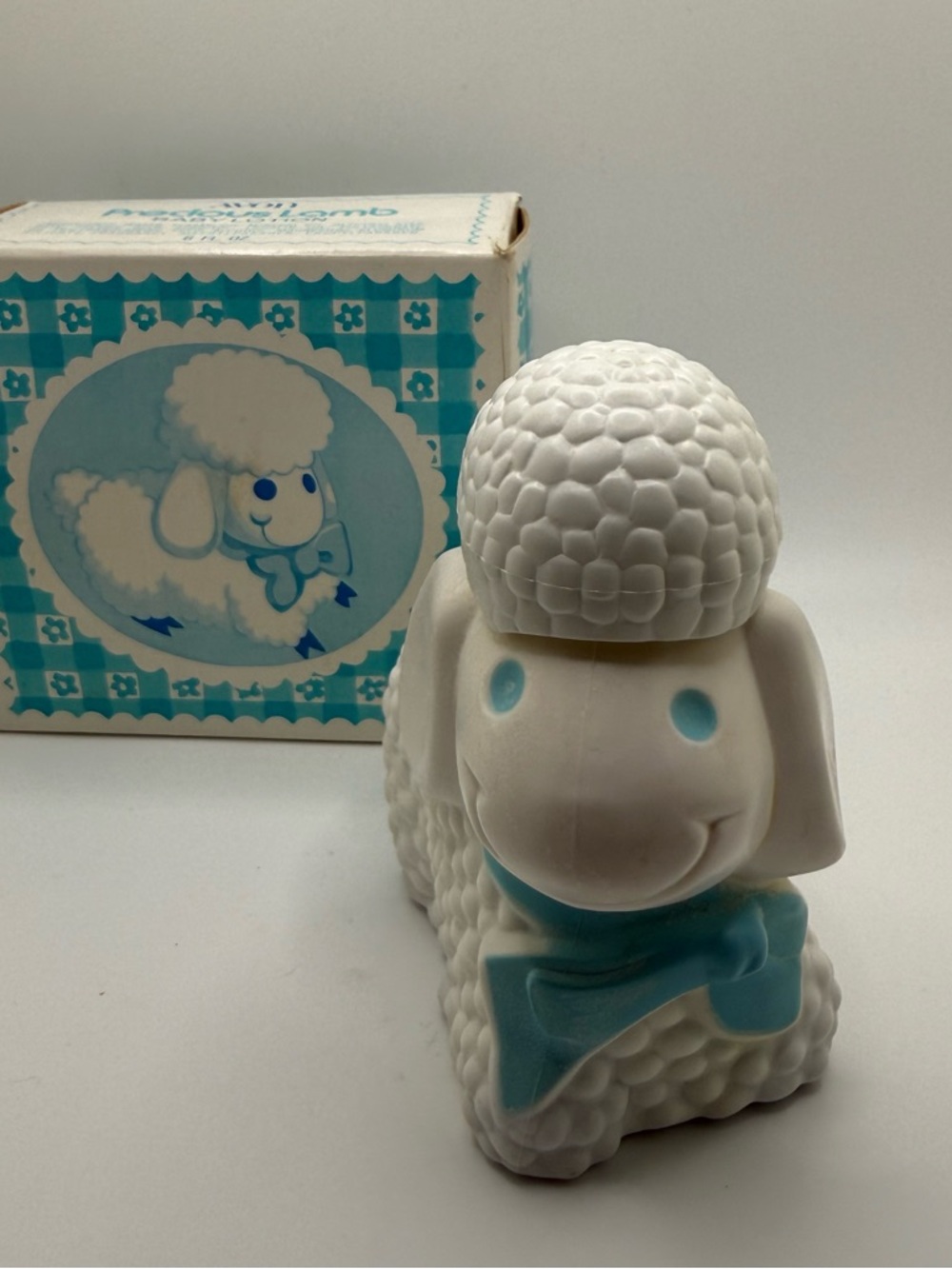 Vintage White Ceramic Lamb lotion Avon with Teal Accents